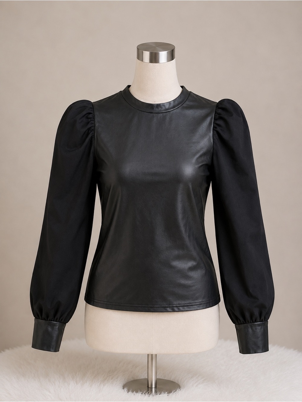 SHEIN Black Faux Leather Puff-Sleeve Long Sleeve Top